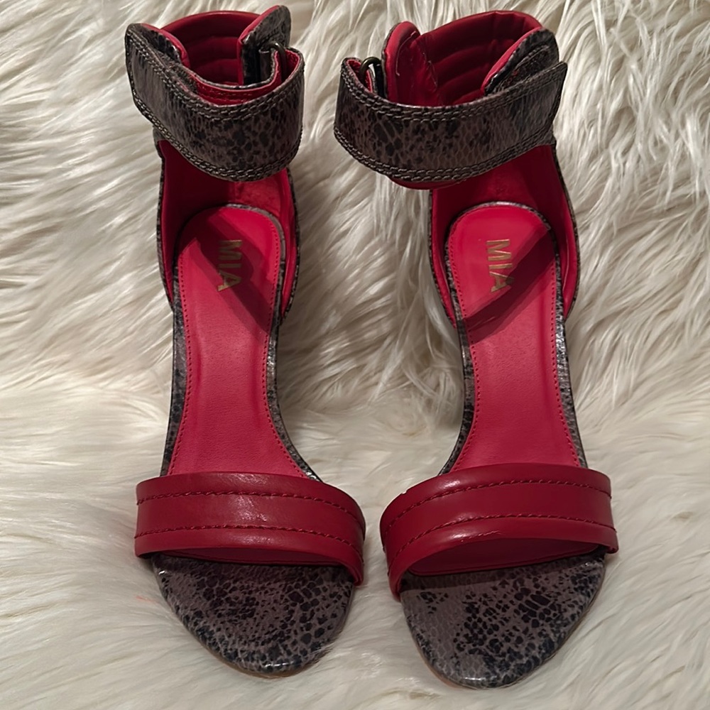 Mia red multi snake print heels
